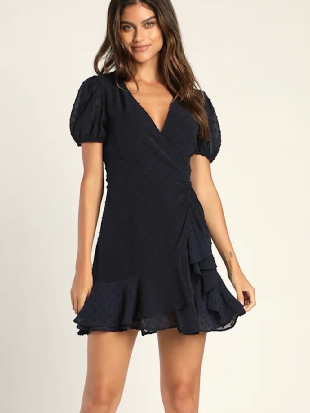 Lulu's Navy Mini Wrap Dress with Puff Sleeves